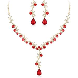 image:imageBriLove Wedding Jewelery Set for WomenShiny Gorgeous Crystal Teardrop Cluster Pendant Necklace Dangle Earrings for Bridal Party Prom AccessoriesRuby Color GoldTone
