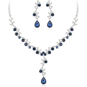 image:imageBriLove Wedding Jewelery Set for WomenShiny Gorgeous Crystal Teardrop Cluster Pendant Necklace Dangle Earrings for Bridal Party Prom AccessoriesSapphire Color SilverTone