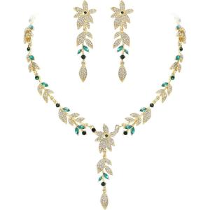 image:imageBriLove Wedding Jewelry Set for WomenShiny Gorgeous Crystal Marquise Leaf Flower Cluster YShape Pendnt Necklace Dangle Long Earrings for Bridal Party Prom AccessoriesEmerald Color GoldTone