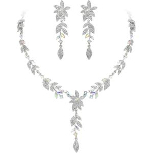 image:imageBriLove Wedding Jewelry Set for WomenShiny Gorgeous Crystal Marquise Leaf Flower Cluster YShape Pendnt Necklace Dangle Long Earrings for Bridal Party Prom AccessoriesIridescent AB SilverTone