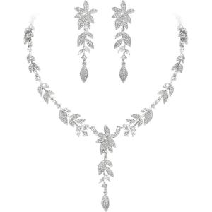 image:imageBriLove Wedding Jewelry Set for WomenShiny Gorgeous Crystal Marquise Leaf Flower Cluster YShape Pendnt Necklace Dangle Long Earrings for Bridal Party Prom AccessoriesClear SilverTone