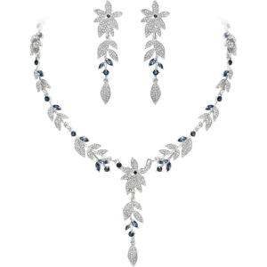 image:imageBriLove Wedding Jewelry Set for WomenShiny Gorgeous Crystal Marquise Leaf Flower Cluster YShape Pendnt Necklace Dangle Long Earrings for Bridal Party Prom AccessoriesSapphire Color SilverTone