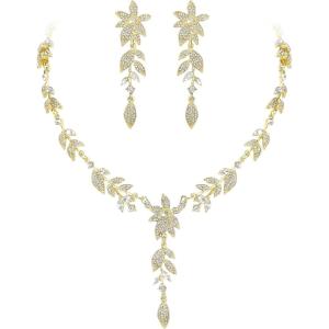 image:imageBriLove Wedding Jewelry Set for WomenShiny Gorgeous Crystal Marquise Leaf Flower Cluster YShape Pendnt Necklace Dangle Long Earrings for Bridal Party Prom AccessoriesClear GoldTone