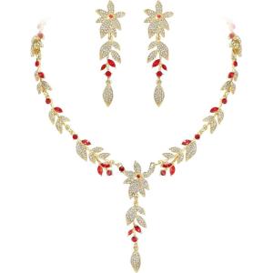 image:imageBriLove Wedding Jewelry Set for WomenShiny Gorgeous Crystal Marquise Leaf Flower Cluster YShape Pendnt Necklace Dangle Long Earrings for Bridal Party Prom AccessoriesRuby Color GoldTone
