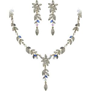 image:imageBriLove Wedding Jewelry Set for WomenShiny Gorgeous Crystal Marquise Leaf Flower Cluster YShape Pendnt Necklace Dangle Long Earrings for Bridal Party Prom AccessoriesSapphire Color AntiqueGoldTone