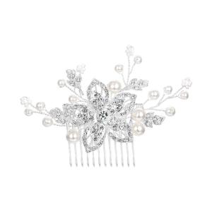 image:imageBriLove Womens Bohemian Boho Simulated Pearl Flower Handmade DIY Bendable Filigree Hair Comb Ivory Color Clear SilverTone