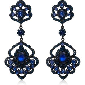 image:imageBriLove Womens Stunning Gorgeous LeafShaped Teardrop Crystal Rhinestone Wedding Bridal Drop Dangle Statement Earrings for Bride Bridesmaid Party Prom Sapphire Color BlackTone