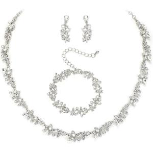 image:imageBriLove Womens Wedding Jewelery Set Leaf Flower Shiny Gorgeous Crystal Marquise Butterfly Cluster Statement Necklace Link Bracelet Dangle Earrings for Bridal Party Prom AccessoriesClear SilverTone