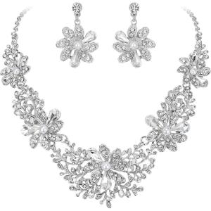 image:imageBriLove Womens Wedding Jewelery Set Leaf Flower Shiny Gorgeous Crystal Teardrop Simulated Pearl Cluster Statement Necklace Dangle Earrings for Bridal Party Prom AccessoriesClear SilverTone