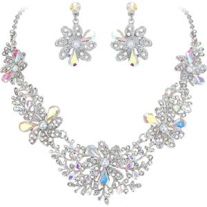 image:imageBriLove Womens Wedding Jewelery Set Leaf Flower Shiny Gorgeous Crystal Teardrop Simulated Pearl Cluster Statement Necklace Dangle Earrings for Bridal Party Prom AccessoriesIridescent AB SilverTone