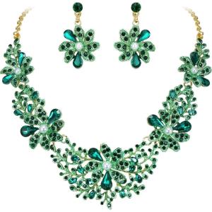 image:imageBriLove Womens Wedding Jewelery Set Leaf Flower Shiny Gorgeous Crystal Teardrop Simulated Pearl Cluster Statement Necklace Dangle Earrings for Bridal Party Prom AccessoriesEmerald Color GoldTone