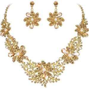 image:imageBriLove Womens Wedding Jewelery Set Leaf Flower Shiny Gorgeous Crystal Teardrop Simulated Pearl Cluster Statement Necklace Dangle Earrings for Bridal Party Prom AccessoriesChampagne GoldTone
