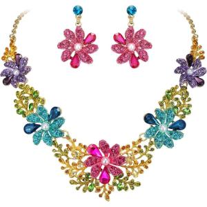 image:imageBriLove Womens Wedding Jewelery Set Leaf Flower Shiny Gorgeous Crystal Teardrop Simulated Pearl Cluster Statement Necklace Dangle Earrings for Bridal Party Prom AccessoriesMulticolor GoldTone
