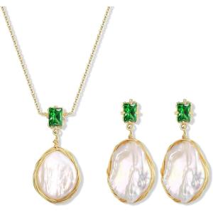 image:imageBriLove Baroque Freshwater Cultured Pearl Jewelry Set for Women Handmade Gorgeous Dainty Cubic Zirconia Real Pearls Pendant Necklaces Dangle Earrings Gift for Mothers DayEmerald Color