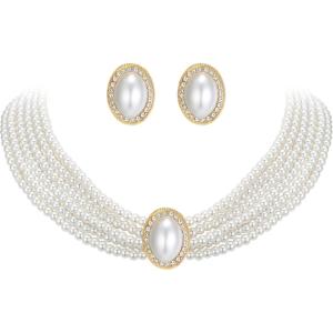 image:imageBriLove Vintage 1920s Costume Jewelry Multilayer Imitation Pearls Shiny Strand Choker Necklace Large Dangle Earrings for Women Wedding Halloween Cosplay Party Prom AccessoriesStud