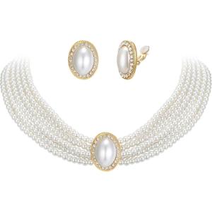 image:imageBriLove Vintage 1920s Costume Jewelry Multilayer Imitation Pearls Shiny Strand Choker Necklace Large Dangle Earrings for Women Wedding Halloween Cosplay Party Prom AccessoriesClip On