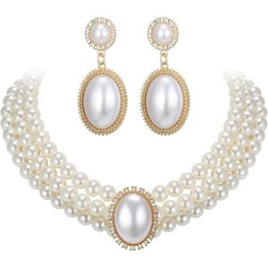 image:imageBriLove Vintage 1920s Costume Jewelry Multilayer Imitation Pearls Shiny Strand Choker Necklace Large Dangle Earrings for Women Wedding Halloween Cosplay Party Prom AccessoriesDangle