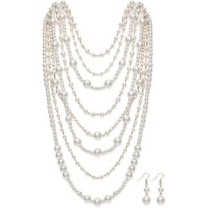 image:imageBriLove Vintage Inspired 1920s Costume Jewelry Multilayer Imitation Pearls Strand Necklace Hook Earrings for Women Wedding Halloween Cosplay Party Prom AccessoriesIvory Color GoldTone