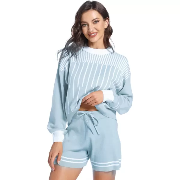 Flygo 2 Piece Outfits for Women Knitted Sets Striped Long Sleeve Pullover Sweater Shorts Lounge Set Tracksuits