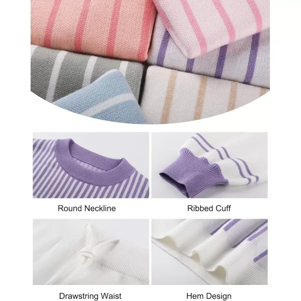 Flygo 2 Piece Outfits for Women Knitted Sets Striped Long Sleeve Pullover Sweater Shorts Lounge Set Tracksuits