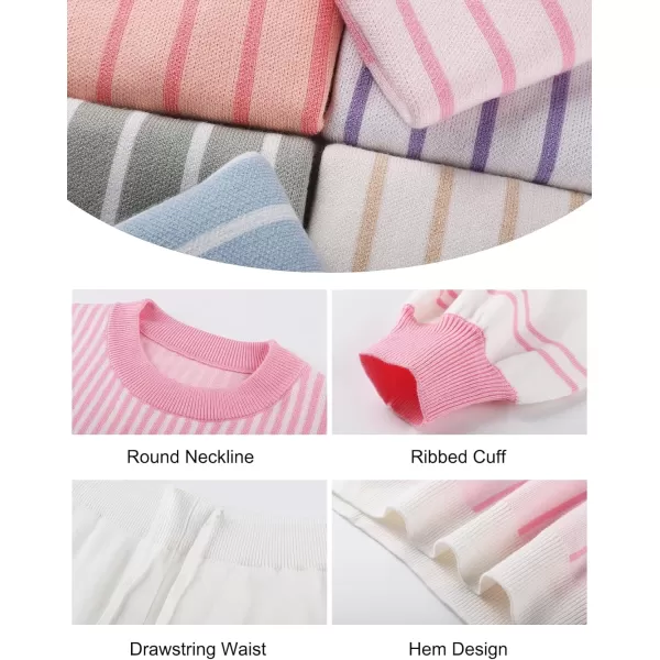 Flygo 2 Piece Outfits for Women Knitted Sets Striped Long Sleeve Pullover Sweater Shorts Lounge Set Tracksuits