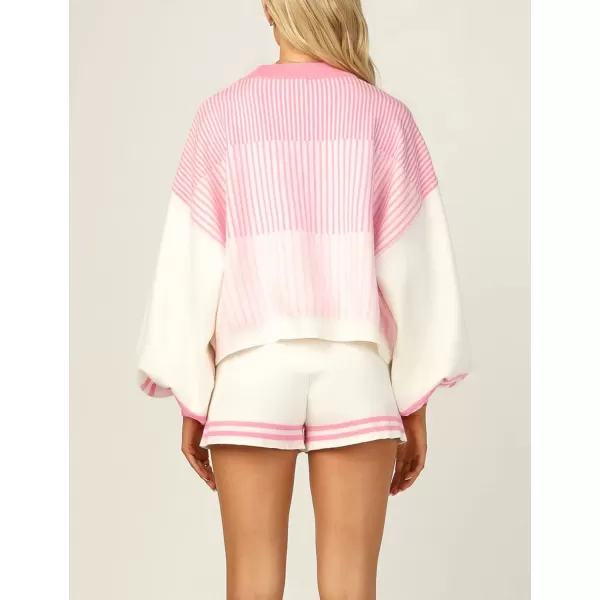 Flygo 2 Piece Outfits for Women Knitted Sets Striped Long Sleeve Pullover Sweater Shorts Lounge Set Tracksuits