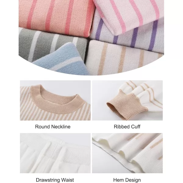 Flygo 2 Piece Outfits for Women Knitted Sets Striped Long Sleeve Pullover Sweater Shorts Lounge Set Tracksuits