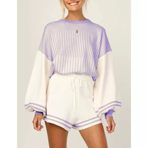 Flygo 2 Piece Outfits for Women Knitted Sets Striped Long Sleeve Pullover Sweater Shorts Lounge Set Tracksuits