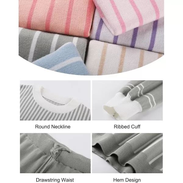 Flygo 2 Piece Outfits for Women Knitted Sets Striped Long Sleeve Pullover Sweater Shorts Lounge Set Tracksuits