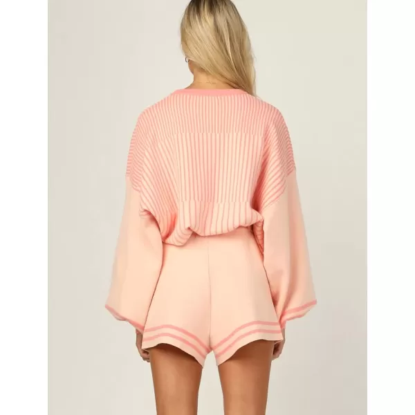 Flygo 2 Piece Outfits for Women Knitted Sets Striped Long Sleeve Pullover Sweater Shorts Lounge Set Tracksuits