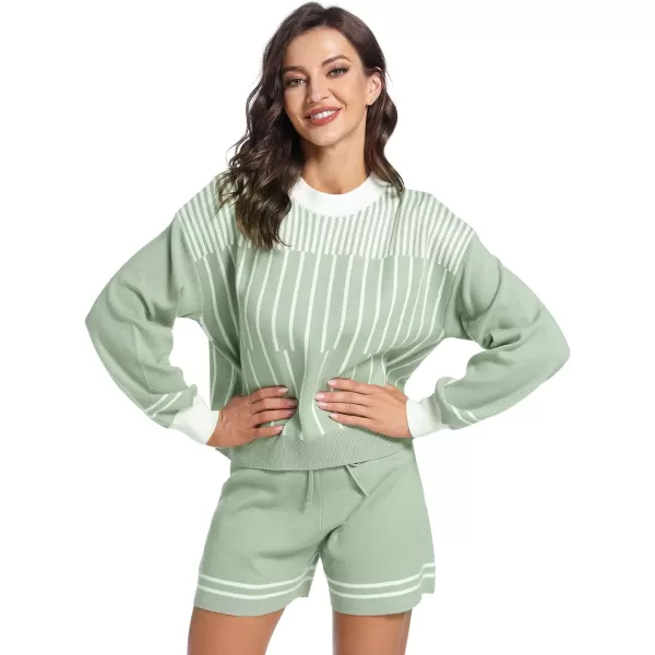 Flygo 2 Piece Outfits for Women Knitted Sets Striped Long Sleeve Pullover Sweater Shorts Lounge Set Tracksuits