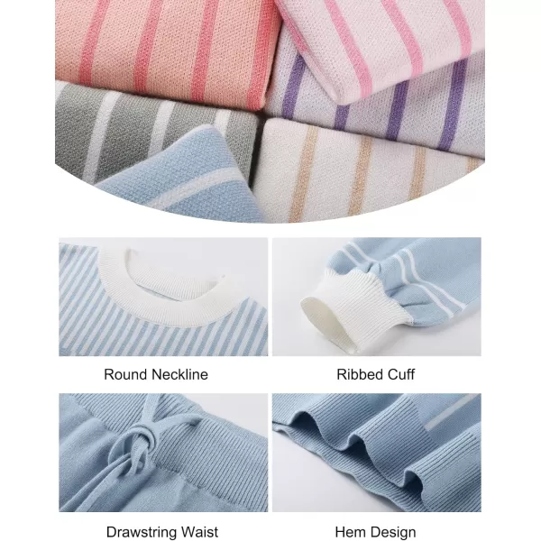 Flygo 2 Piece Outfits for Women Knitted Sets Striped Long Sleeve Pullover Sweater Shorts Lounge Set Tracksuits