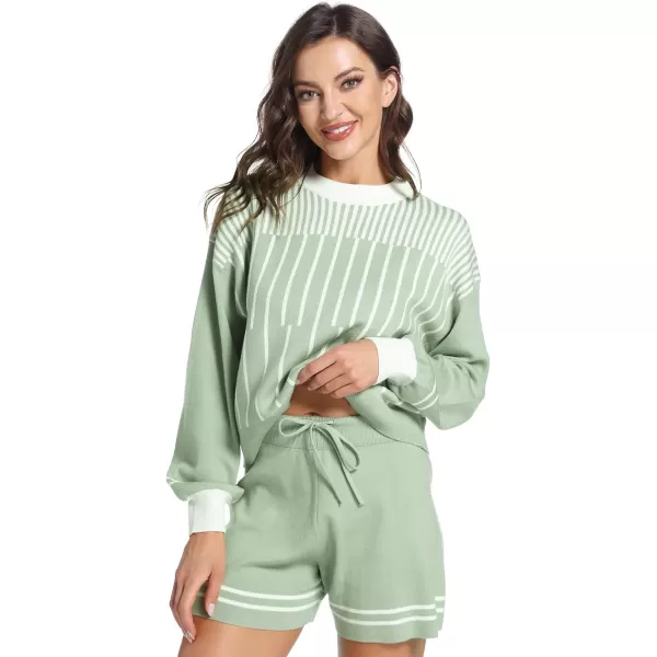 Flygo 2 Piece Outfits for Women Knitted Sets Striped Long Sleeve Pullover Sweater Shorts Lounge Set Tracksuits
