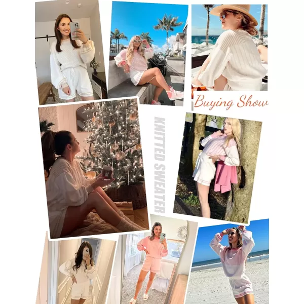 Flygo 2 Piece Outfits for Women Knitted Sets Striped Long Sleeve Pullover Sweater Shorts Lounge Set Tracksuits