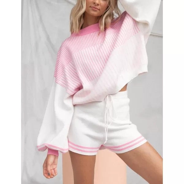 Flygo 2 Piece Outfits for Women Knitted Sets Striped Long Sleeve Pullover Sweater Shorts Lounge Set Tracksuits