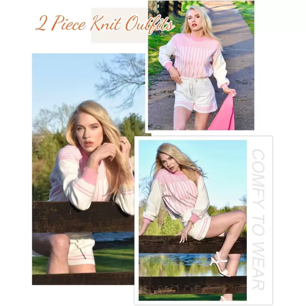 Flygo 2 Piece Outfits for Women Knitted Sets Striped Long Sleeve Pullover Sweater Shorts Lounge Set Tracksuits