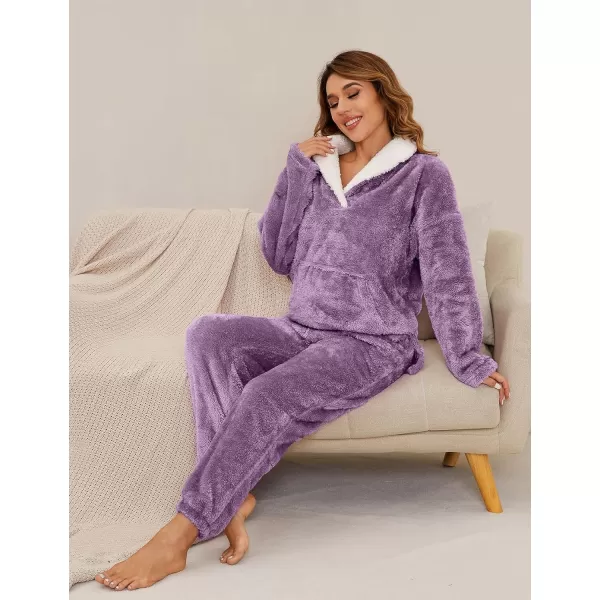 Flygo Fuzzy Fleece Pajamas Sets for Women Flannel Sleepwear Plush Pajama Lounge Pants Set