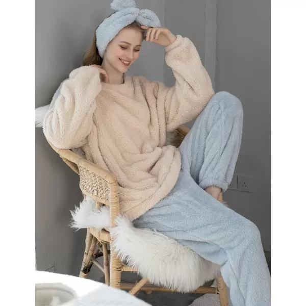 Flygo Fuzzy Fleece Pajamas Sets for Women Flannel Sleepwear Plush Pajama Lounge Pants Set