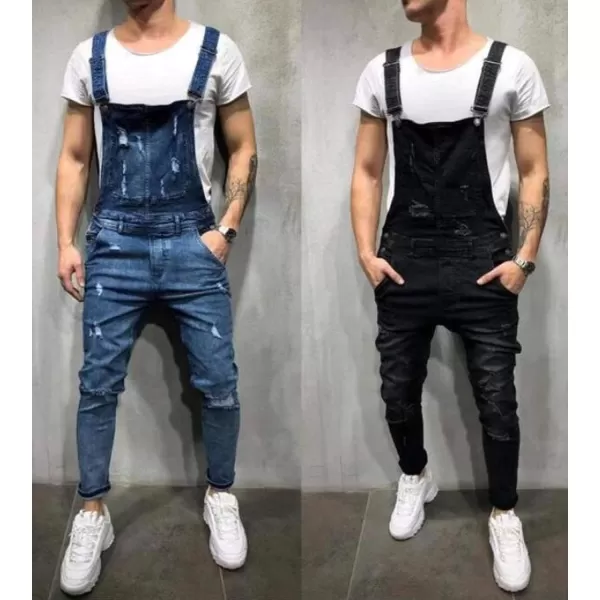 Flygo Mens Juniors Slim Denim Trousers Bib Overalls Ripped Jean Jumpsuits