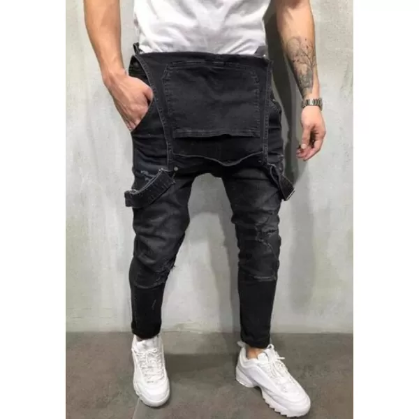 Flygo Mens Juniors Slim Denim Trousers Bib Overalls Ripped Jean Jumpsuits