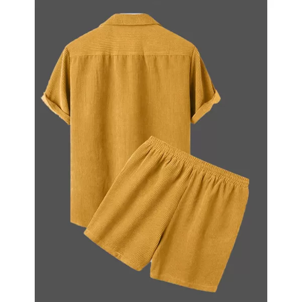 Flygo Men's Summer 2 Piece Outfits Waffle Sets Short Sleeve Shirts and Shorts Set Vacation Beach Outfit for Men