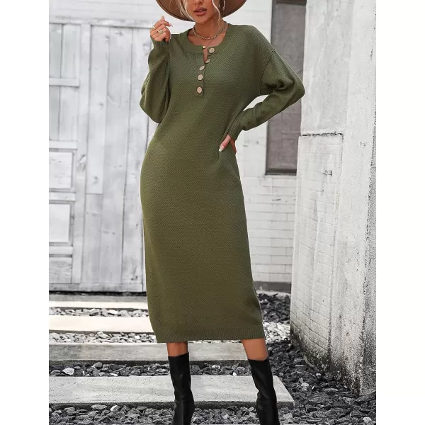Flygo Midi Sweater Dress for Women Oversized Button V Neck Waffle Knit Dresses Fall Maxi Dress