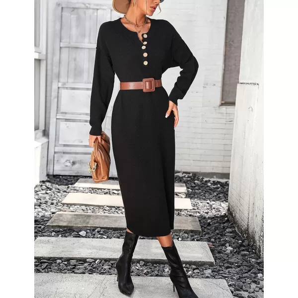 Flygo Midi Sweater Dress for Women Oversized Button V Neck Waffle Knit Dresses Fall Maxi Dress