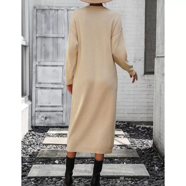 Flygo Midi Sweater Dress for Women Oversized Button V Neck Waffle Knit Dresses Fall Maxi Dress