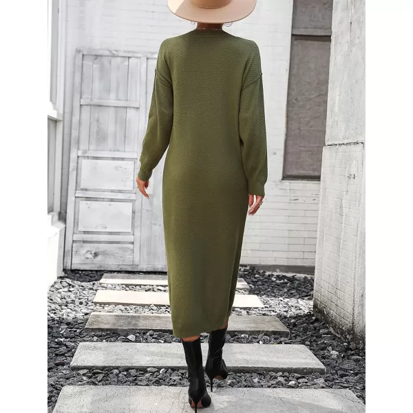 Flygo Midi Sweater Dress for Women Oversized Button V Neck Waffle Knit Dresses Fall Maxi Dress