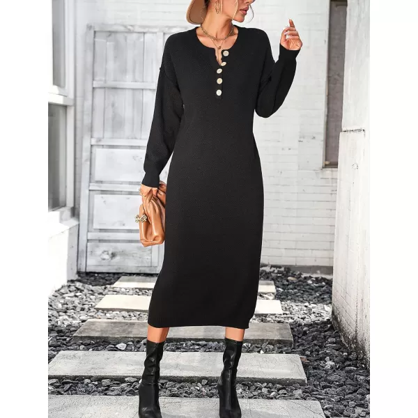 Flygo Midi Sweater Dress for Women Oversized Button V Neck Waffle Knit Dresses Fall Maxi Dress