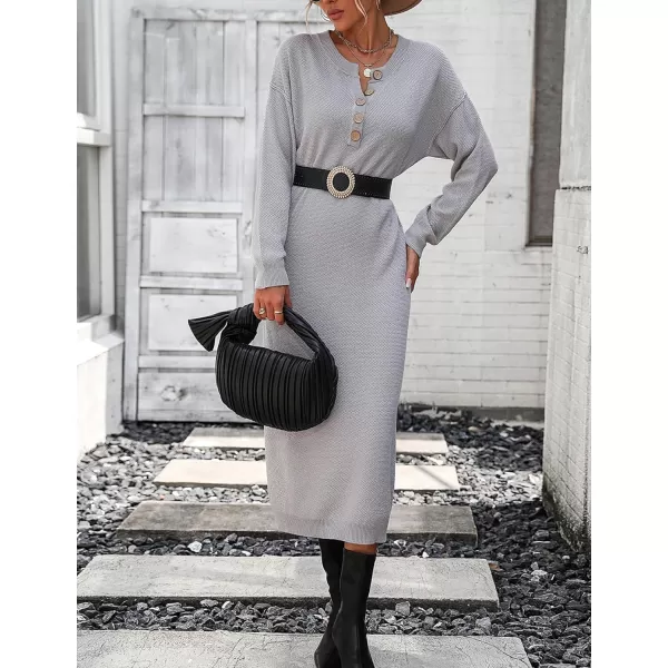 Flygo Midi Sweater Dress for Women Oversized Button V Neck Waffle Knit Dresses Fall Maxi Dress
