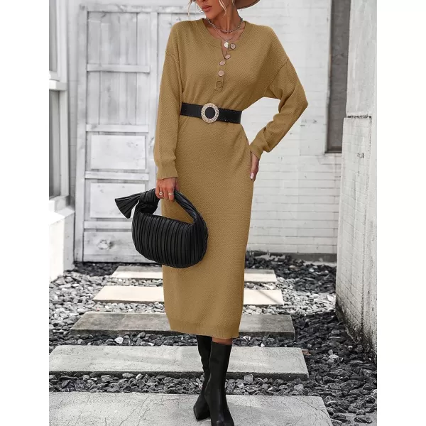 Flygo Midi Sweater Dress for Women Oversized Button V Neck Waffle Knit Dresses Fall Maxi Dress