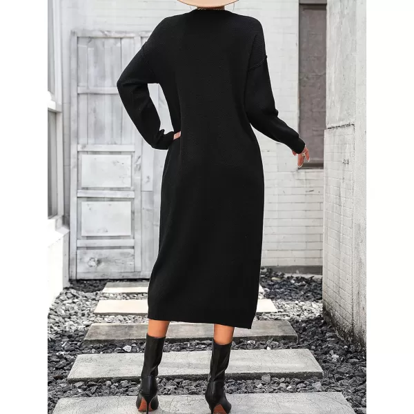 Flygo Midi Sweater Dress for Women Oversized Button V Neck Waffle Knit Dresses Fall Maxi Dress