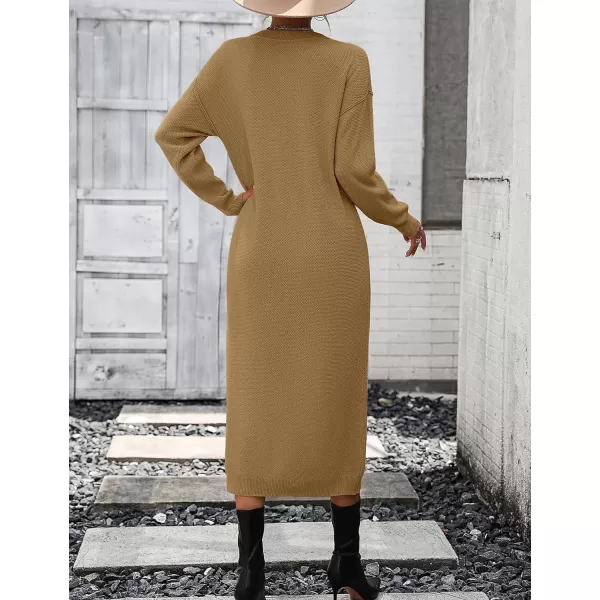 Flygo Midi Sweater Dress for Women Oversized Button V Neck Waffle Knit Dresses Fall Maxi Dress
